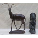 CARVED AFRICAN EBONISED FIGURE AND ANOTHER CARVED WOODEN FIGURE