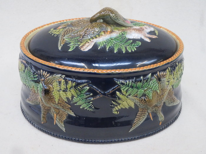 VICTORIAN RELIEF DECORATED MAJOLICA OVAL GAME DISH WITH COVER AND LINER, IN TH MINTON MANNER,