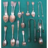 VARIOUS SILVER FLATWARE INCLUDING SPOONS AND SUGAR TONGS, ETC.