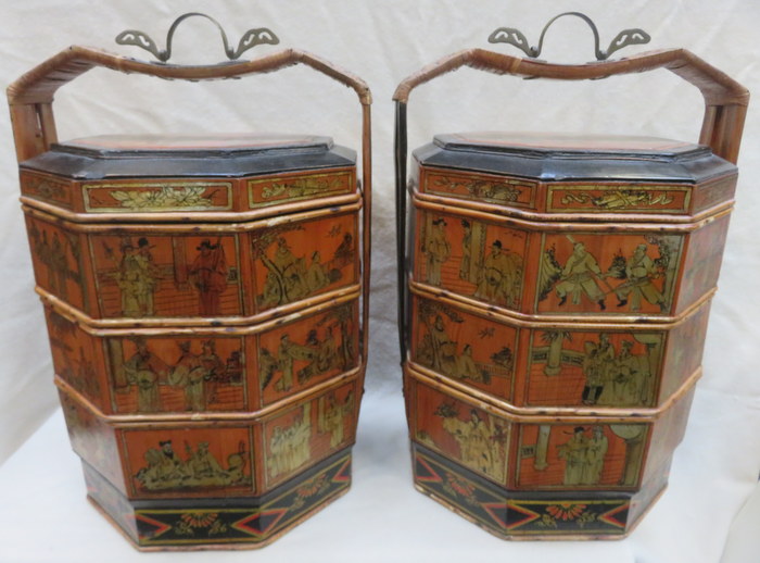 PAIR OF HEAVILY GILDED OCTAGONAL SECTIONAL FOOD CARRIERS, ORIENTAL SCENES THROUGHOUT,