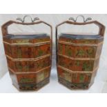 PAIR OF HEAVILY GILDED OCTAGONAL SECTIONAL FOOD CARRIERS, ORIENTAL SCENES THROUGHOUT,