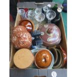 MIXED LOT OF COLOURED AND OTHER GLASSWARE PLUS STONEWARE POTTERY, ETC.