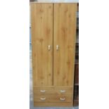 20th CENTURY PINE EFFECT TWO DOOR WARDROBE WITH TWO DRAWERS BELOW