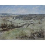 CHRISTOPHER HUGHES, 1950s FRAMED OIL ON CANVAS DEPICTING A COUNTRY LANDSCAPE SCENE- THE RABLEY ROAD,