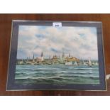 MODERN FRAMED WATERCOLOUR DEPICTING - TALLINN WATERFRONT SCENE,