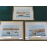 EDWARD GALEA, SET OF THREE FRAMED WATERCOLOURS DEPICTING THREE GRAND HARBOUR, MALIA,