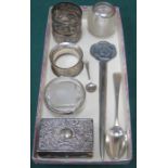 SILVER MATCH CASE HOLDER, SILVER AND GLASS MATCH STRIKER AND NAPKIN RINGS, ETC.