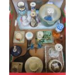 SUNDRY LOT INCLUDING INDIAN BOX, CERAMICS AND GLASS INCLUDING HAT PIN STANDS, ETC.