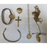 9ct GOLD CROSS LOCKET, PENDANT AND CHAINS, ETC.