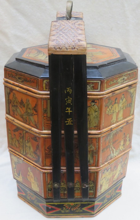 PAIR OF HEAVILY GILDED OCTAGONAL SECTIONAL FOOD CARRIERS, ORIENTAL SCENES THROUGHOUT, - Image 2 of 2