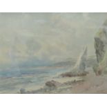 PHIL OSMENT, FRAMED WATERCOLOUR DEPICTING A ROCKY BEACHSIDE SCENE,