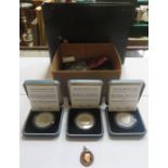 THREE ROYAL MINT SILVER PROOF COINS, COMMEMORATIVE COINAGE AND PENNIES, ETC.