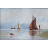 VICTORIAN GILT FRAMED OIL ON BOARD DEPICTING SAILING BOATS ON SEA, UNSIGNED,
