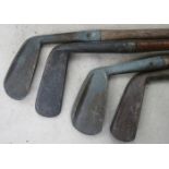 FOUR VARIOUS VINTAGE GOLF CLUBS INCLUDING HAWKINS AND MASHIE ETC...