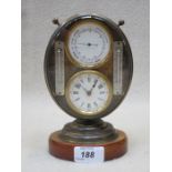 19th CENTURY BRASS AND GLASS DESK BAROMETER AND CLOCK SET