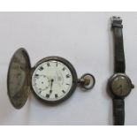 HALLMARKED SILVER FULL HUNTER THOMAS RUSSELL POCKET WATCH (A/F) PLUS SILVER WRISTWATCH.