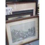 VARIOUS PICTURES AND PRINTS INCLUDING A PENCIL DRAWING OF AN ORIENTAL LAKESIDE SCENE