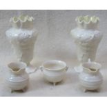 THREE PIECES OF BELLEEK BLACK MARK PLUS PAIR OF BELLEEK VASES