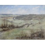 CHRISTOPHER HUGHES, 1950s FRAMED OIL ON CANVAS DEPICTING A COUNTRY LANDSCAPE SCENE- THE RABLEY ROAD,