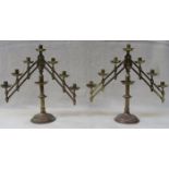 PAIR OF BRASS GOTHIC STYLE CHURCH ARTICULATED FIVE SCONCE CANDELABRA,