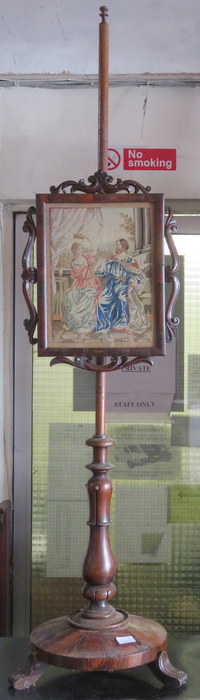 19th ROSEWOOD POLE SCREEN WITH GLAZED TAPESTRY PANEL