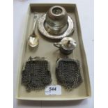 HALLMARKED SILVER TOPPED MATCH STRIKER AND OTHER SILVER ITEMS AND TWO SILVER PLATED MESH PURSES