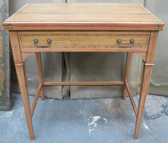 19th CENTURY INLAID SINGLE DRAWER WRITING TABLE WITH FOLD OUT TOP