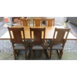 OAK REFECTORY TYPE DINING TABLE AND SIX CHAIRS, BY THEO DAVIES.