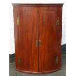 20th CENTURY STRING INLAID BOW FRONTED MAHOGANY CORNER CUPBOARD