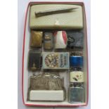 SILVER COLOURED MESH PURSE, CASED PARKER PENS, VARIOUS LIGHTERS, MATCH CASE, NOTEPAD,