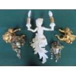 PAIR OF VICTORIAN GILDED CHERUB FORM WALL SCONCE LIGHT FITTINGS (AT FAULT) PLUS ANOTHER LARGER