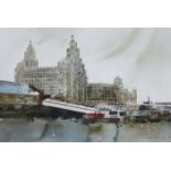 SUSAN BROWN, FRAMED WATERCOLOUR- ROYAL LIVER BUILDING FROM THE MERSEY FERRY,