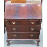 MAHOGANY FALL FRONT WRITING BUREAU ON BALL AND CLAW SUPPORTS WITH FITTED INTERIOR