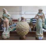 PAIR OF CERAMIC CONTINENTAL FIGURES AND METTLACH VASE FOR RESTORATION