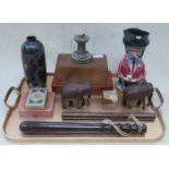 SUNDRY LOT INCLUDING CHESS PIECES, TRUNCHEON, PLAYING CARDS, BATON AND TREEN ELEPHANTS, ETC.