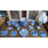 PARCEL OF BLUE WEDGWOOD INCLUDING VASES, CUPS AND SAUCERS,