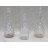 PAIR OF REGENCY STYLE CUT GLASS DECANTERS, APPROXIMATELY 35cm HIGH,