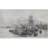 WL WYLLIE, FRAMED PENCIL SIGNED ETCHING OF BOATS WITHIN A HARBOUR SCENE,