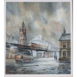 BRIAN ENTWISTLE, FRAMED WATERCOLOUR- DOCK ROAD FROM PRINCE'S DOCK ENTRANCE, 1950,