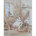 UNSIGNED WATERCOLOUR DEPICTING A COTTAGE INTERIOR SCENE WITH SEATED GIRL.