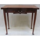VICTORIAN MAHOGANY SINGLE DRAWER FOLD OVER CARD TABLE WITH GREEN FELT LINED INTERIOR