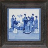 EBONISED FRAMED BLUE AND WHITE CERAMIC TILE