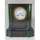 EBONISED AND BRASS INLAID VICTORIAN MANTLE CLOCK WITH CIRCULAR ENAMELLED DIAL,