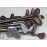 LARGE QUANTITY OF VARIOUS VINTAGE GOLF CLUBS INCLUDING IRONS, WOODS ETC...