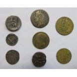 SMALL PARCEL OF EARLY COINAGE INCLUDING SPADE GUINEA TYPE TOKENS, ROMAN COINS ETC...