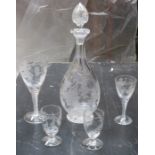 FIVE PIECES OF ETCHED GLASS INCLUDING TWO AIR TWIST GLASSES AND DECANTER, ETC.