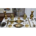 PARCEL OF VINTAGE CHURCH RELATED BRASSWARE AND PLATED COLLECTION TRAYS, ETC.
