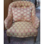 VICTORIAN UPHOLSTERED BUTTON BACK TUB CHAIR ON WALNUT FEET