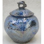 JULIA CARTER PRESTON LUSTRE GLAZED SGRAFFITO WORK CERAMIC STORAGE JAR WITH COVER, SIGNED TO BASE,