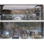 QUANTITY OF SILVER PLATEDWARE INCLUDING SPIRIT KETTLE, ENTREE DISH, BISCUIT BARREL AND TEA SET, ETC.
